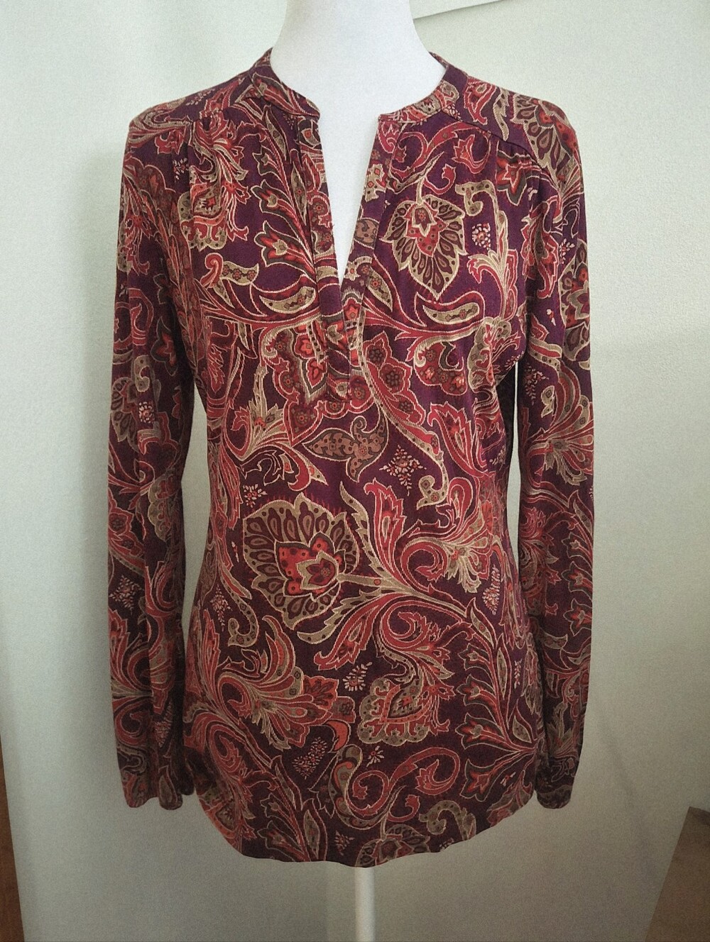 Ralph Lauren Burgundy Paisley Long Sleeve Split-Neck Top Size M